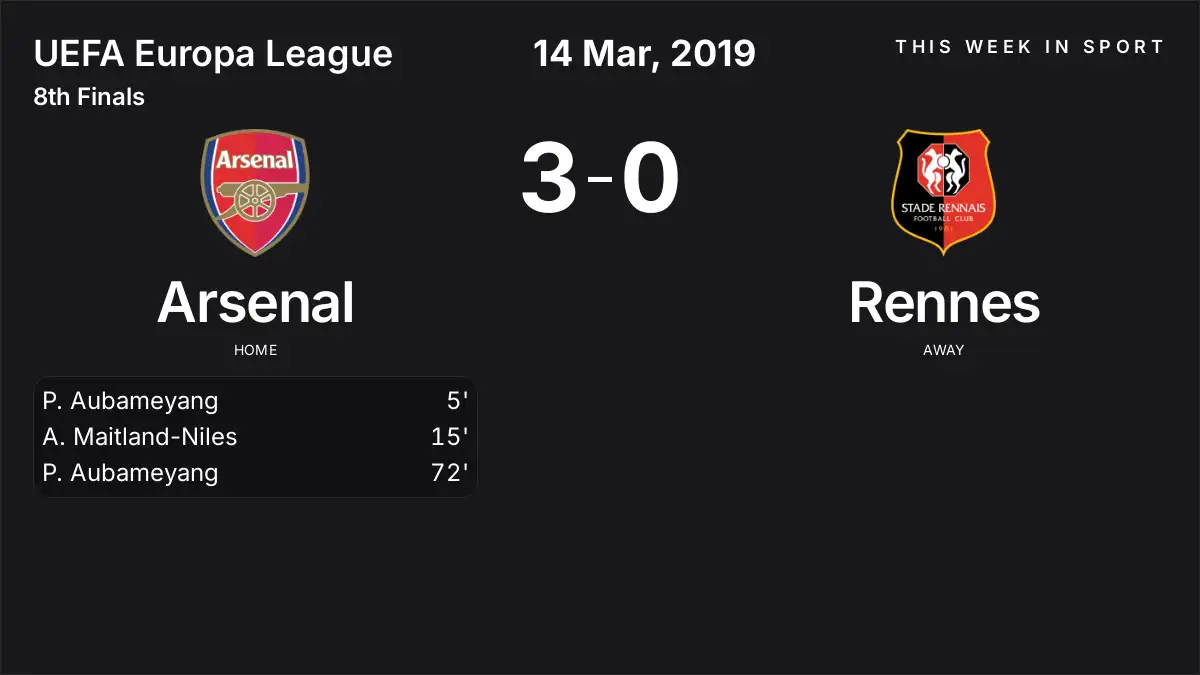 Report: Arsenal vs Rennes (2019-03-14)